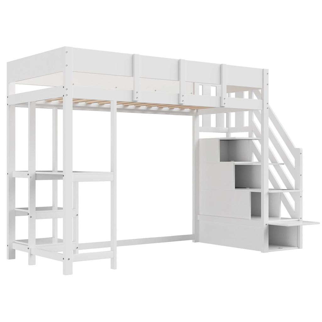 OKWISH Letto a Soppalco 90×200 cm, Letto Singolo con Scala Contenitore, Mensola e Sponde, senza Materasso, in Legno, Bianco