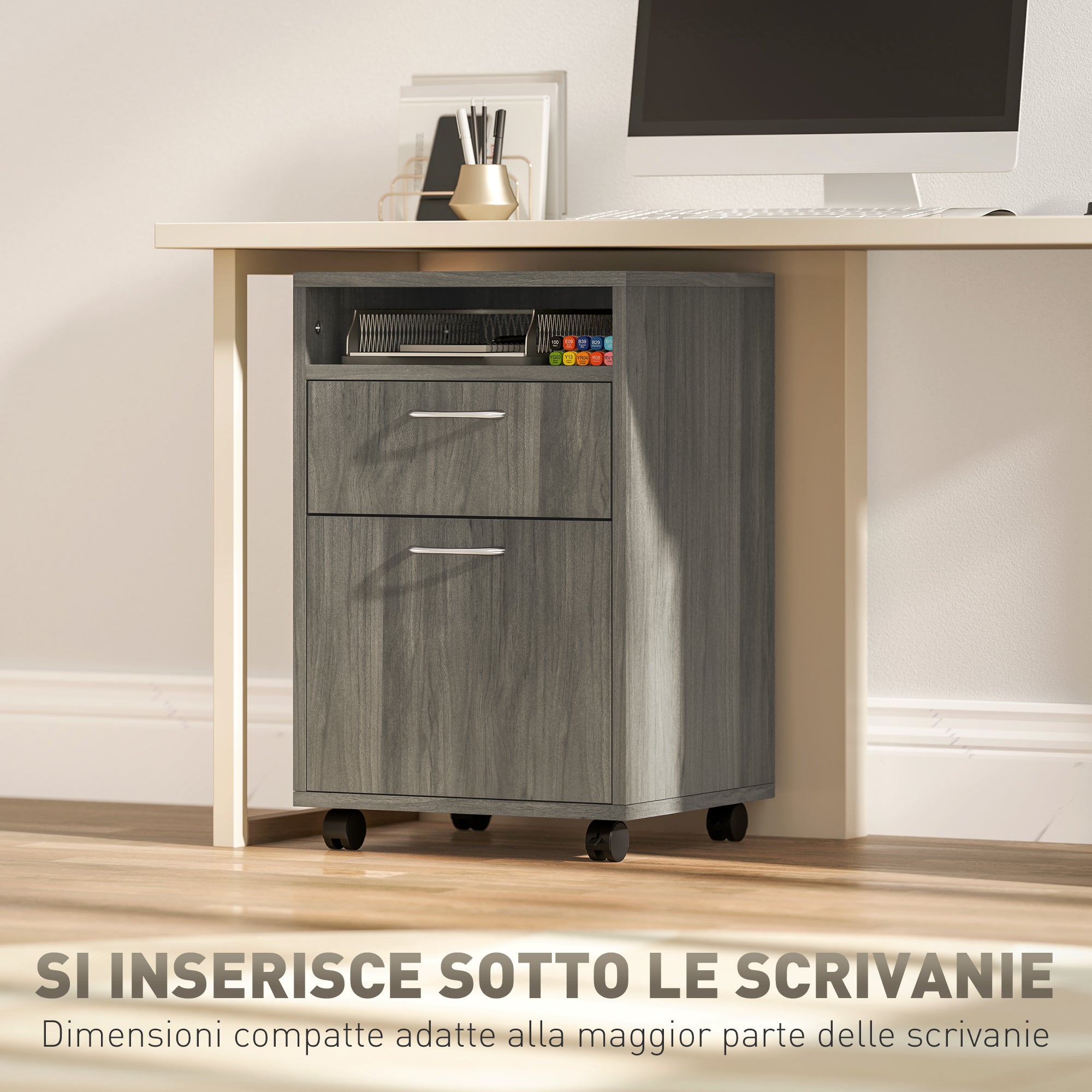 Cassettiera Portadocumenti a 4 Ruote 40x35x60 cm con Ripiano Aperto e Cassetti in Legno e Metallo Grigio