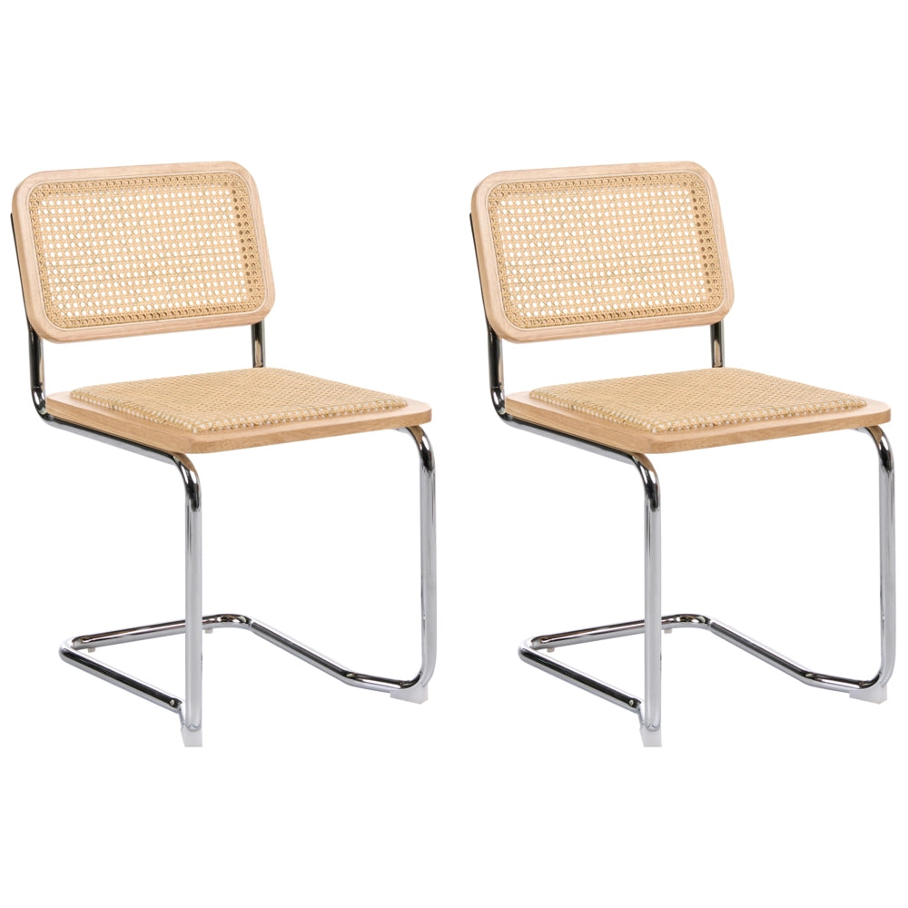 Set di 2 sedie da pranzo in legno chiaro e rattan naturale Gambe d'argento a sbalzo Design retrò senza braccioli