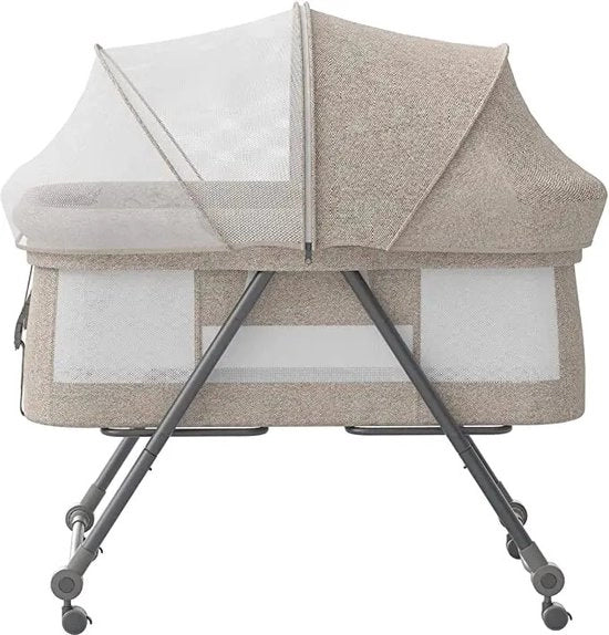 Culla per Bambini - Wieg - Co-Sleeper - Rapido Op Acciaio - Funzione di Schiuma per Reflusso e Funzione di Oscillazione - Con Ruote e Frizione - Inclusa Tenda e Borsa di Ripristino - Beige