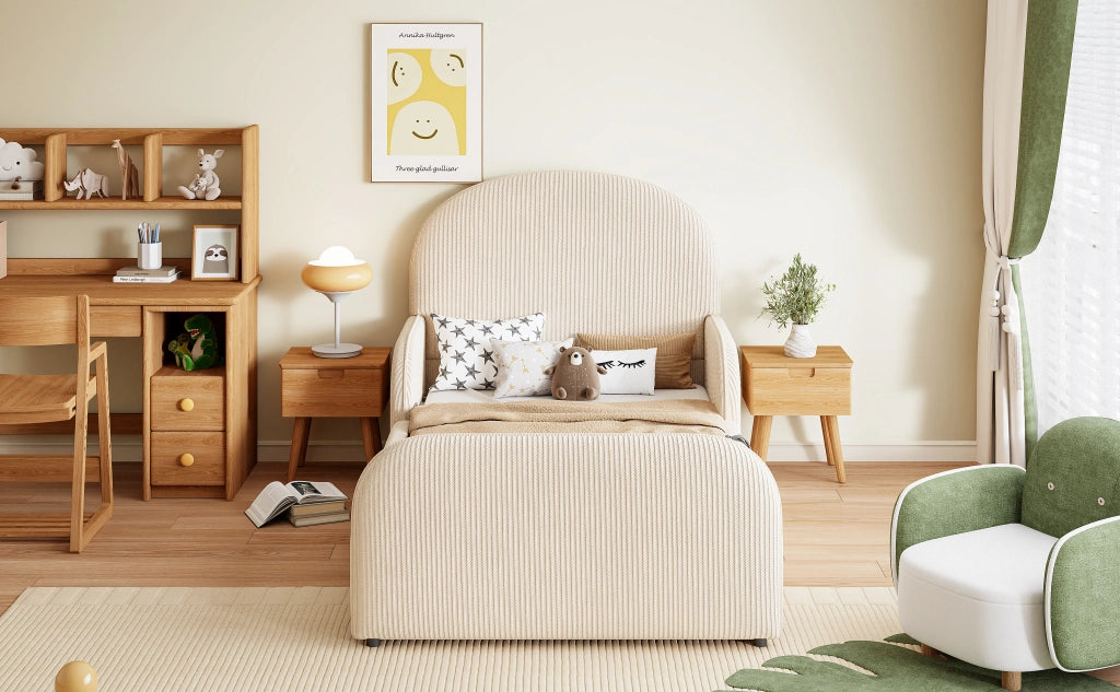 DESMIU Letto bambino 90 × 200 cm con contenitore idraulico e sponde, senza materasso, in velluto, beige