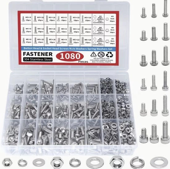 Set di viti e bulloni a 1080 pezzi | Viti M3 M4 M5 M6 | Acciaio inossidabile 304 | Set completo di viti