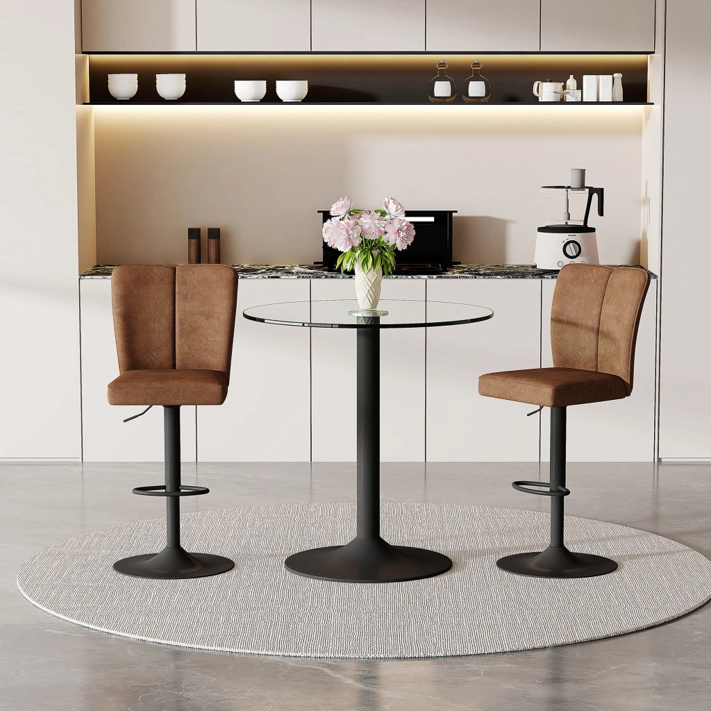 Tavolo da bar rotondo in vetro con 2 sgabelli girevoli e regolabili, per cucina e lounge, marrone e nero, Ø 89 cm