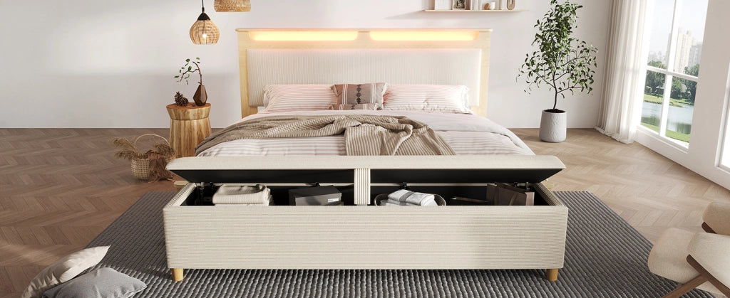 Letto 160x200 cm con LED e contenitore in legno e velluto a coste beige