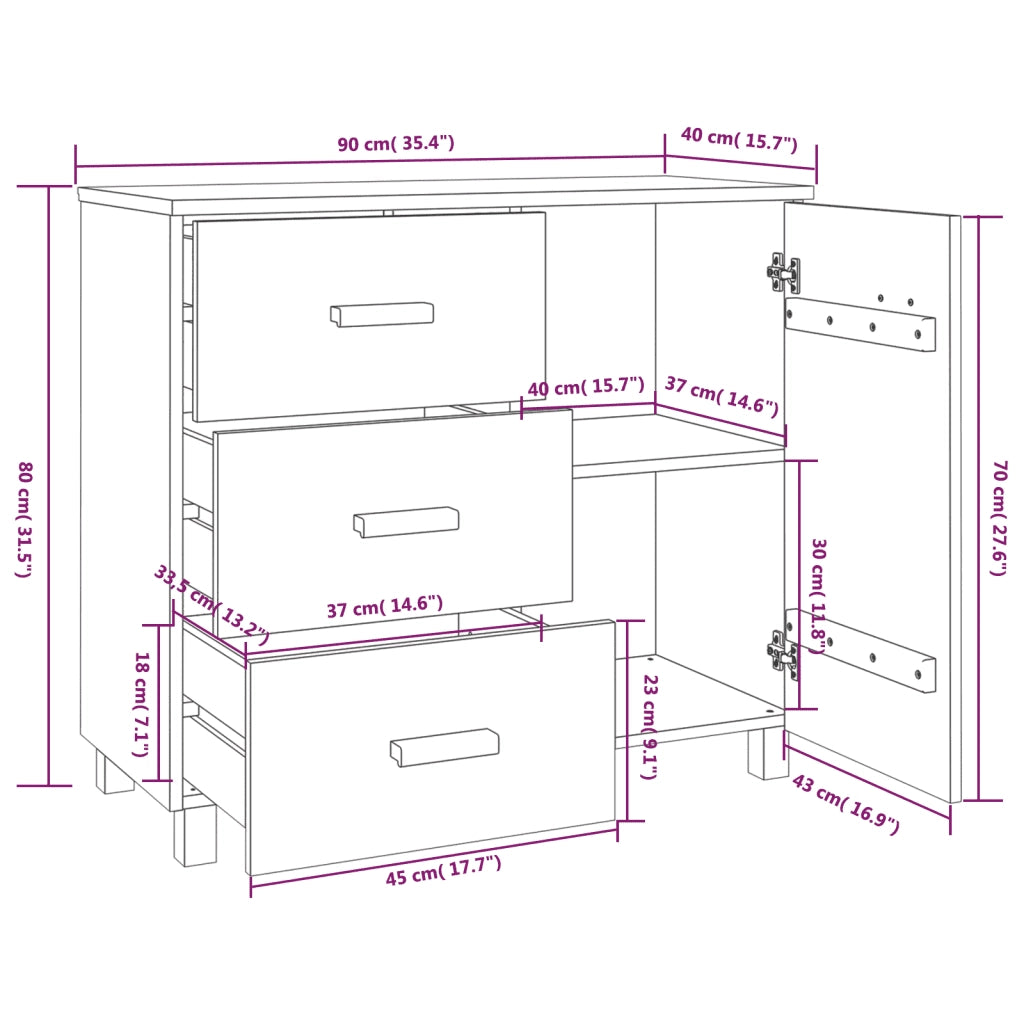 Credenza-Buffet-Armadio da cucina HAMAR Bianca 90x40x80 cm in Legno Massello di Pino
