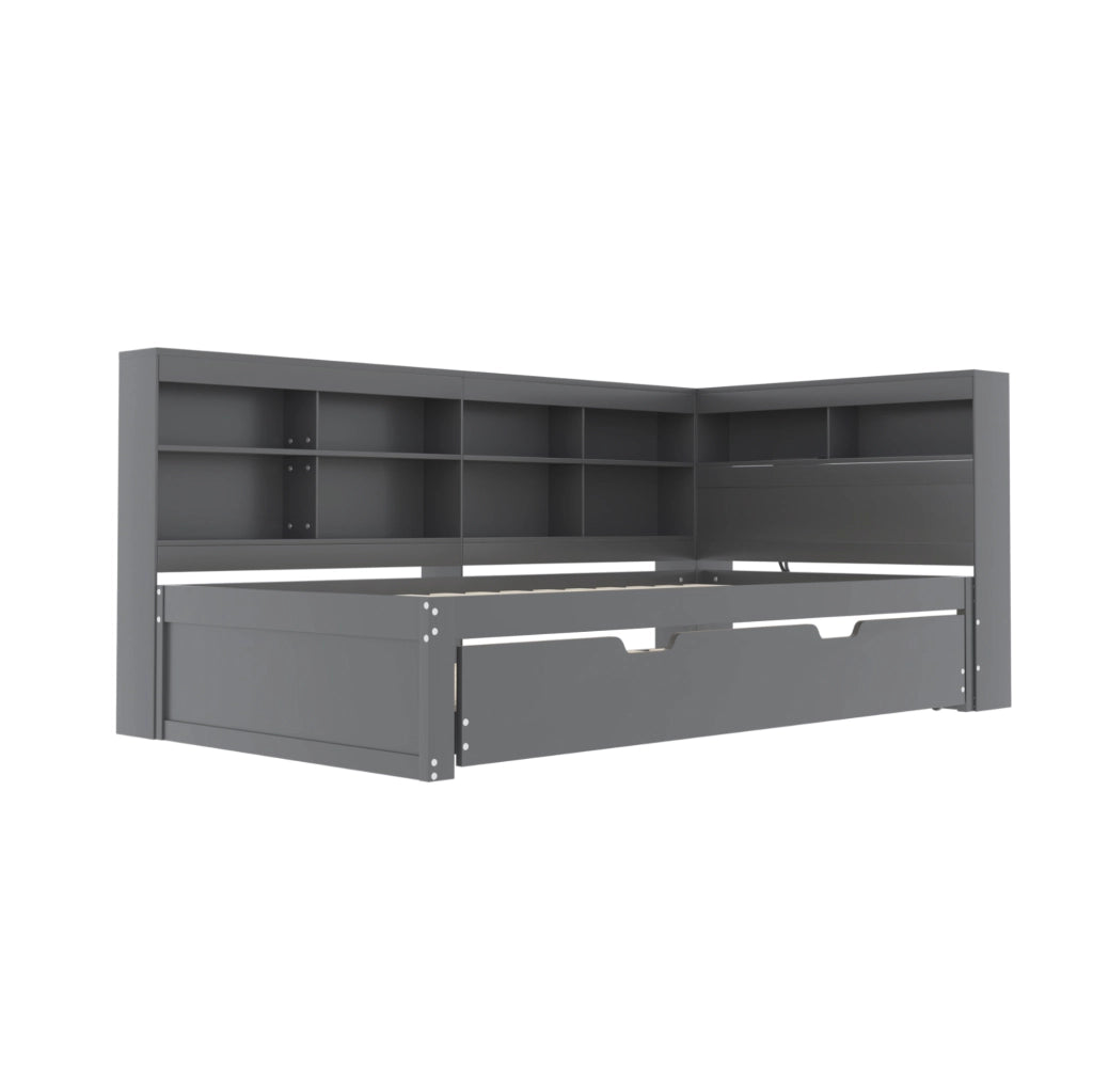 Divano letto 90x200 cm con USB e vani contenitore; legno; grigio