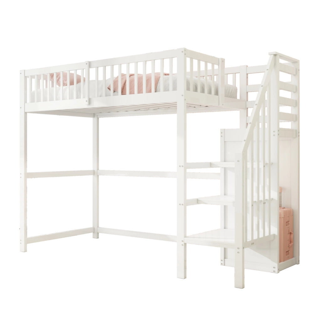 Letto a soppalco 90x200 cm; con scala e armadio; legno; bianco (Senza materasso)