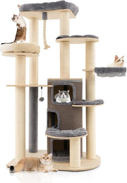 Albero per Gatti Moderno da 173 cm con 3 Piani, 2 Cucce, Amaca, Piattaforme, Tiragraffi in Legno per Gatti Interni