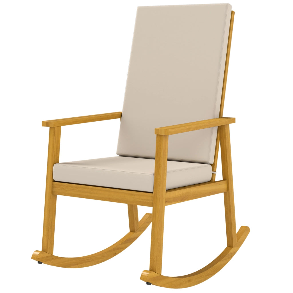 Poltrona a Dondolo in Legno di Acacia con Schienale Alto e Cuscino ¨C Zephmum ¨C Beige 60x89x107 cm