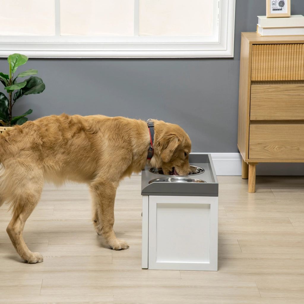 Scaffale con ciotole estraibili e cassetto portaoggetti in acciaio inox per cani grandi bianco 60 × 30 × 36 cm