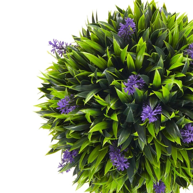 SET 2 PIANTE ARTIFICIALI VERDI A SFERA CON FIORI DI LAVANDA E VASO CON MUSCHIO E CEMENTO Ø 24X60 CM
