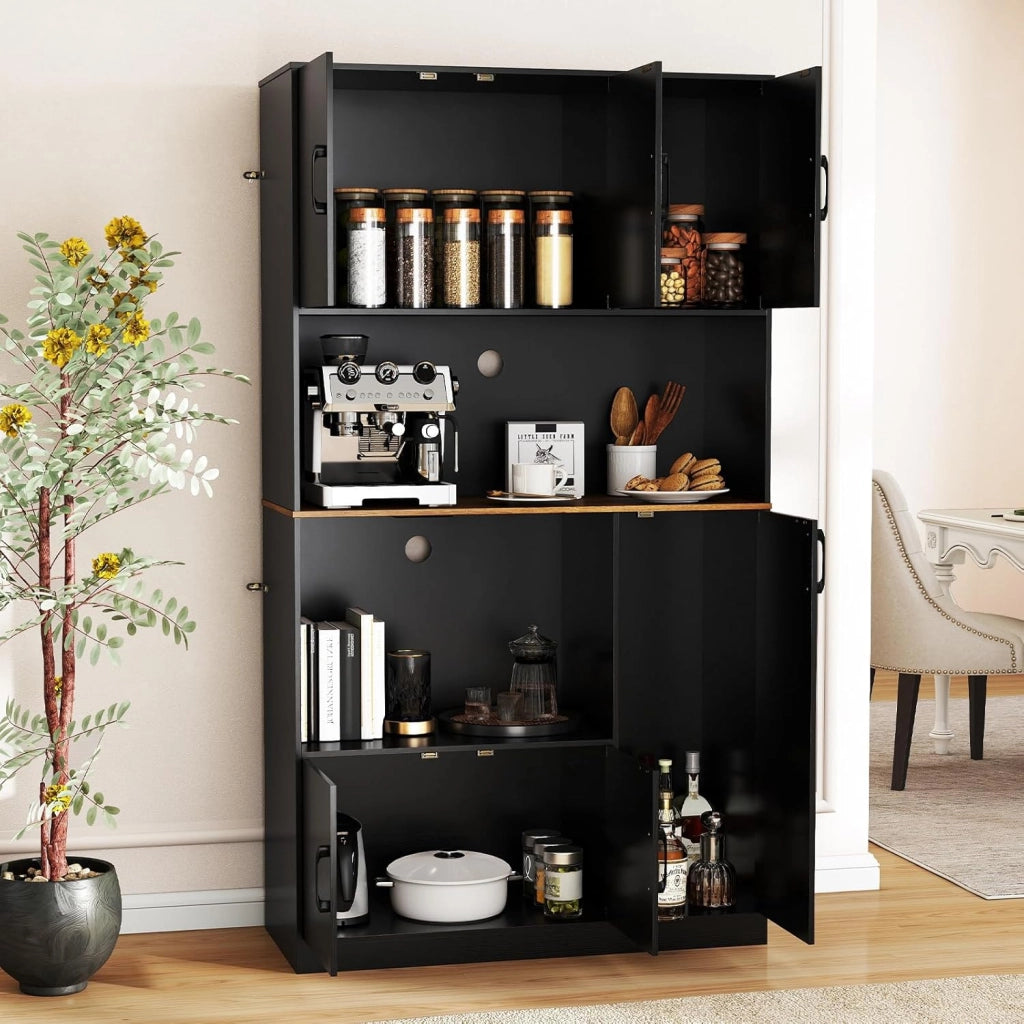 Credenza Alta da Cucina con Stazione di Ricarica, Armadio a Buffet con Ante e Piano di Lavoro, Mobile Dispensa in Legno, per Sala da Pranzo, Soggiorno, Bagno, 100 x 40 x 180 cm (Nero)