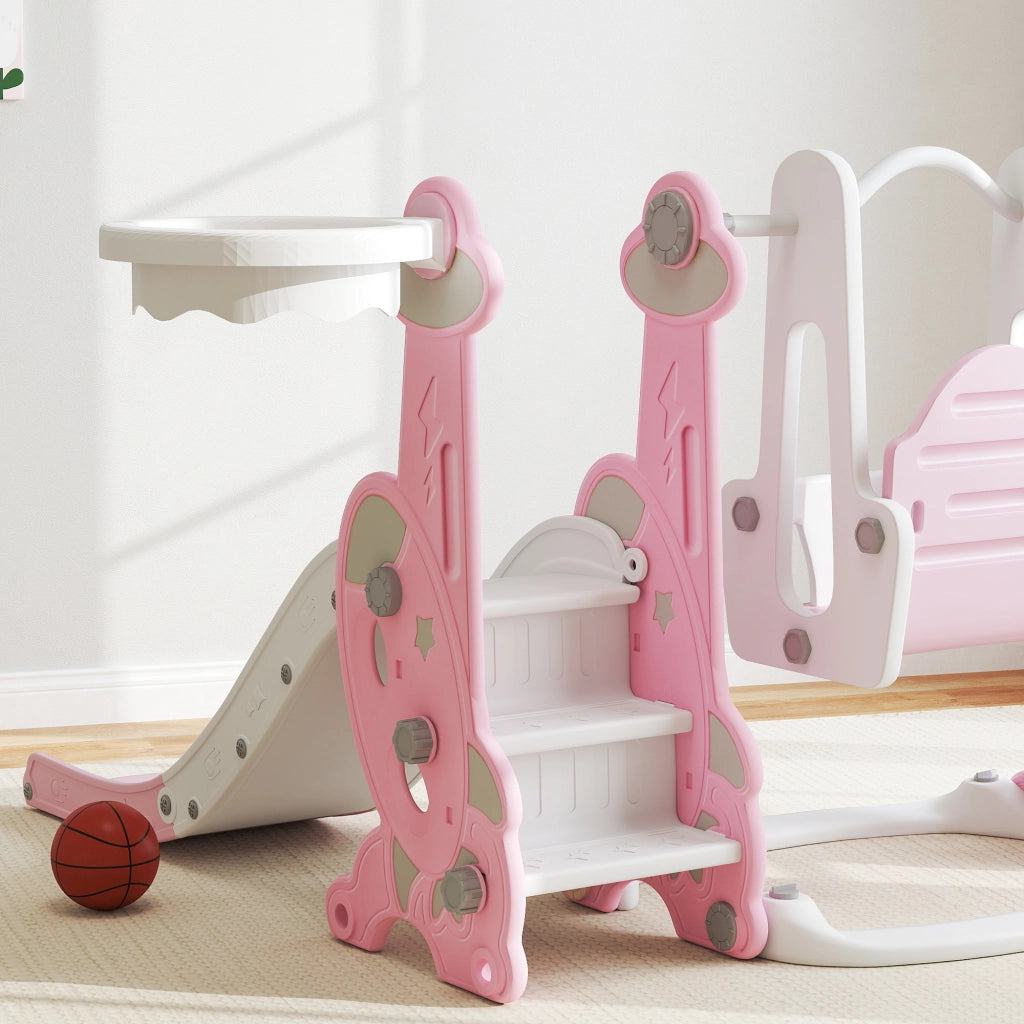 Scivolo per Bambini 4 in 1 con Altalena Scaletta da Arrampicata e Cestino da Basket in PP e PE Rosa
