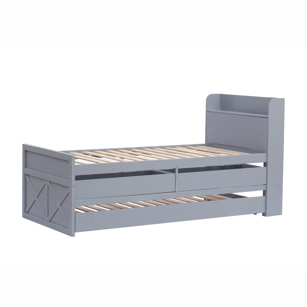 DESMIU Letto Estraibile 90 × 190 cm 1 Posto con 2 Cassetti, Vano Contenitore e USB, Senza Materasso, Legno Massello, Grigio