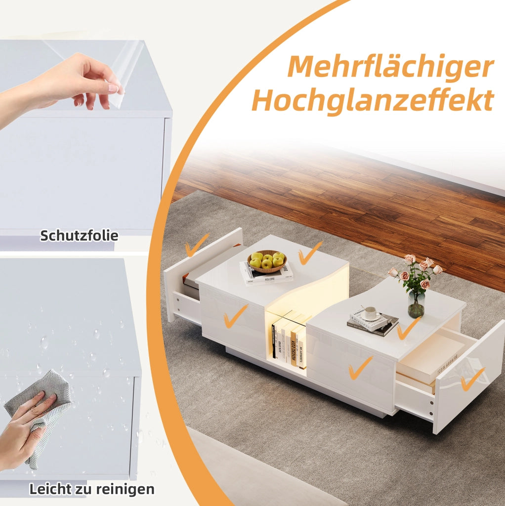 Tavolino da salotto moderno con LED; 2 cassetti; 100 x 50 x 35 cm; bianco lucido in MDF