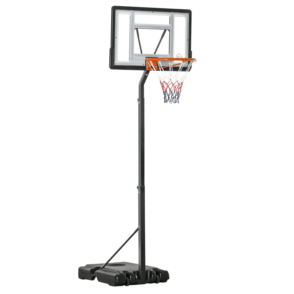 Canestro da basket regolabile in altezza (260-310 cm) con ruote e base stabile per giardino e campo sportivo.