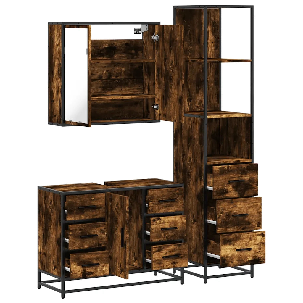 Set Mobili da Bagno 3 pz Rovere Fumo in Legno Multistrato 3301142
