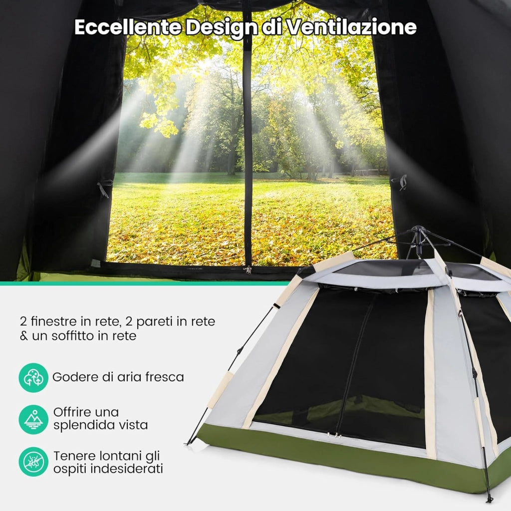 Tenda Campeggio Pop Up per 2-4 Persone, Tenda Istantanea Impermeabile con 2 Porte, Tetto Parasole Rimovibile e Finestre in Rete, Borsa da Trasporto, per Escursioni, Campeggio e Spiaggia