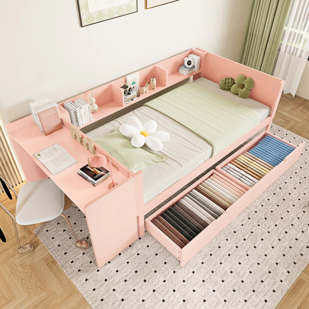 Letto 90x200 cm con scrivania; 2 cassetti e ripiani in pino e truciolare bianco/rosa