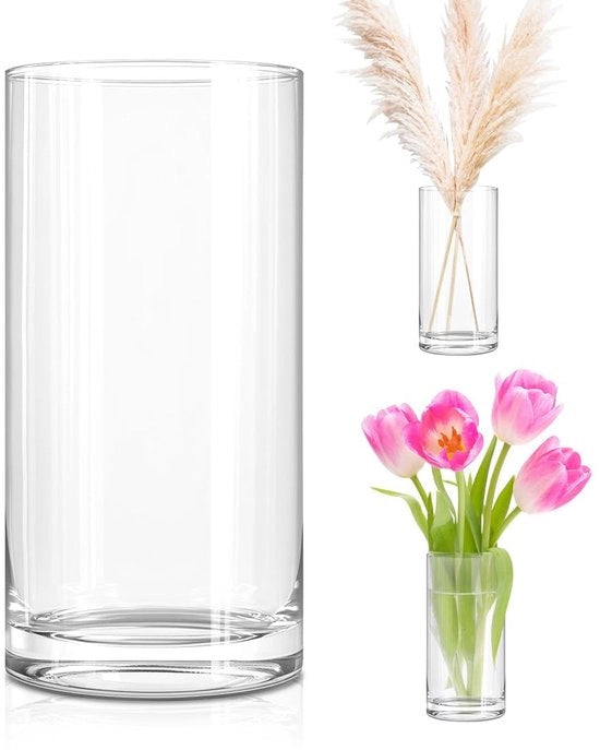Vaso in vetro cilindrico, 20 cm alto per composizioni di fiori