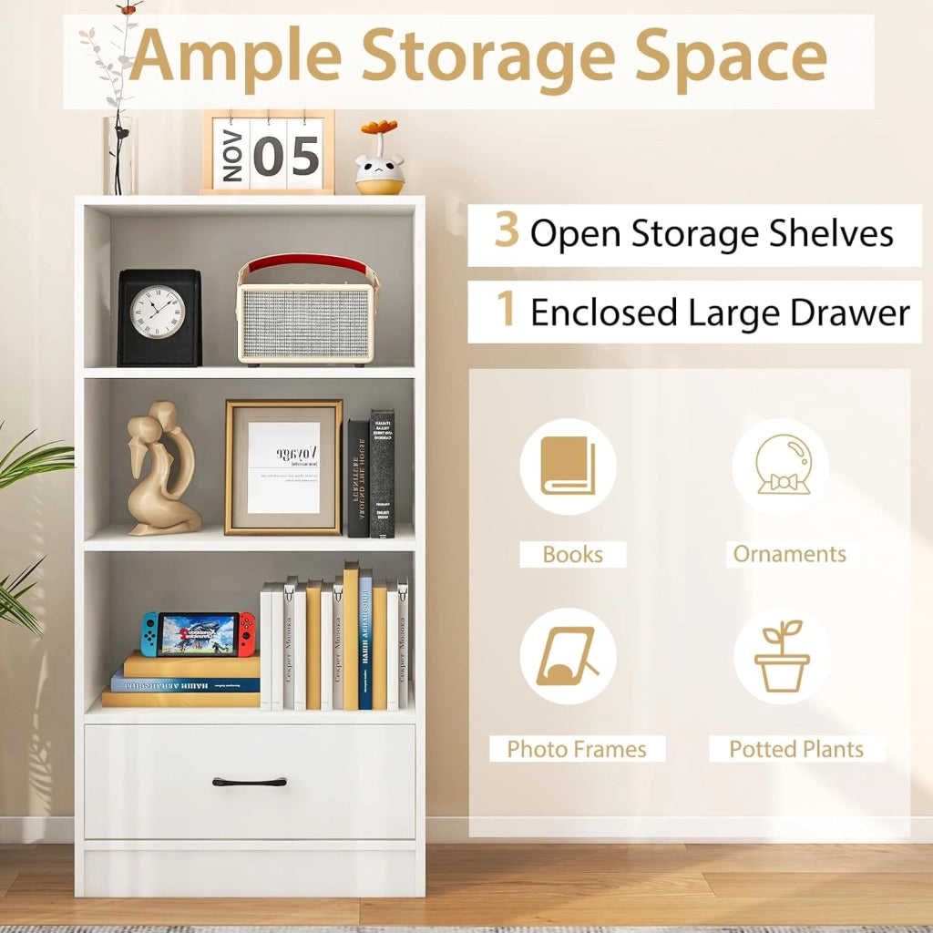 Scaffale con cassetto, scaffale libreria a 4 livelli con 3 scomparti aperti, scaffale da terra in legno per soggiorno, camera da letto, ufficio, nero (Bianco)