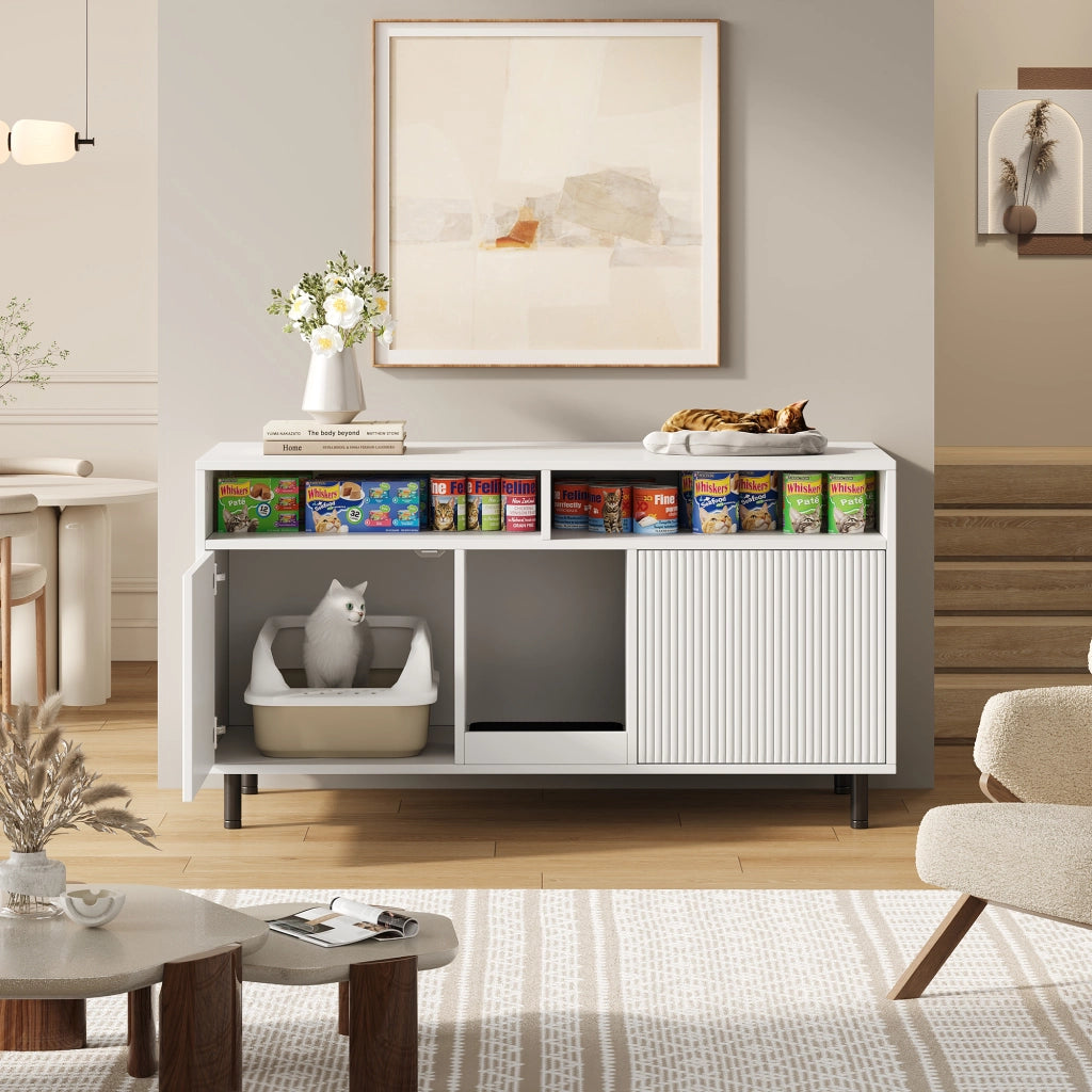 ARMADIO LETTIERA GATTO 120x50x66 cm MDF Bianco con tappetino raccogli-sabbia