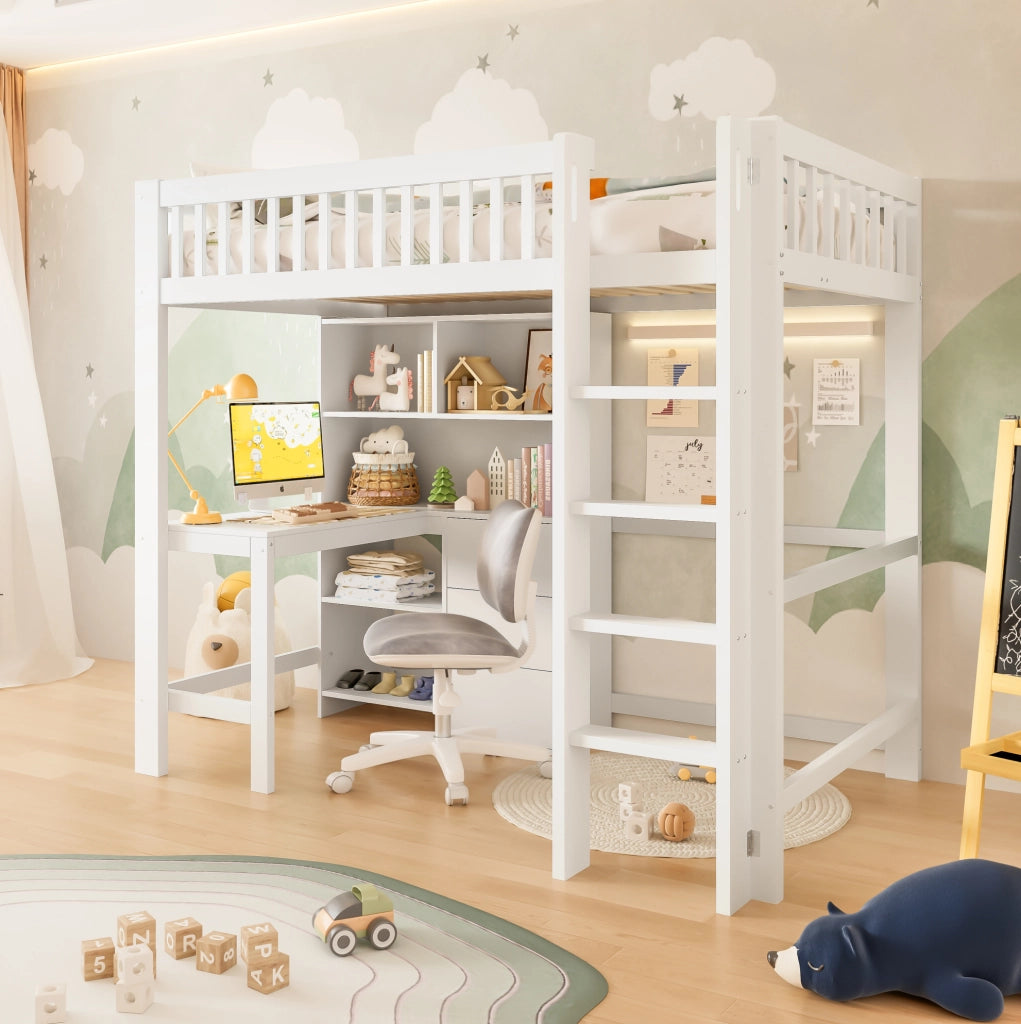 Letto a soppalco 90x200 cm con scrivania; cassetti e vani aperti in legno e MDF bianco