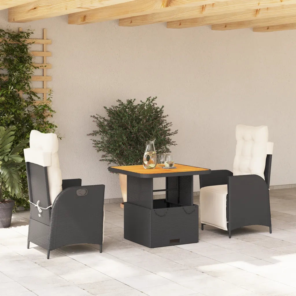 Set da Pranzo da Giardino 3 pz | Set Salotto da Giardino con Cuscini Nero in Polyrattan