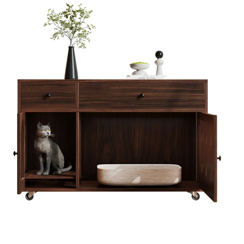 Mobile copri lettiera per gatti con 2 cassetti e vaschetta estraibile, per soggiorno, in MDF, noce, 100 × 45 × 66 cm