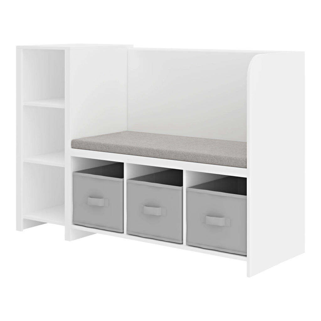 Scaffale per Cameretta Høylandet con Panca Scomparti e Scatole 76 x 112 x 40 cm - Bianco / Grigio [en.casa]