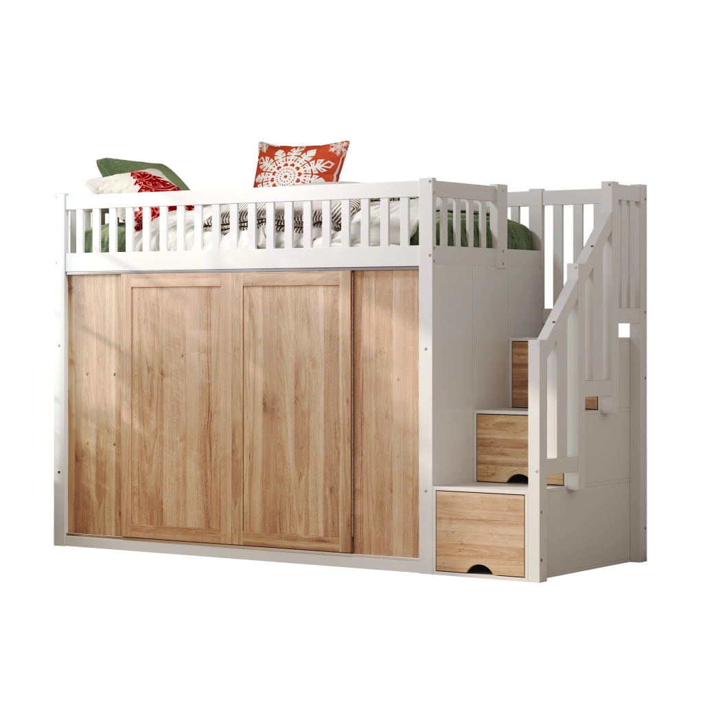 Letto a soppalco per bambini 90x200 cm con armadio e scala contenitore, bianco e rovere, senza materasso