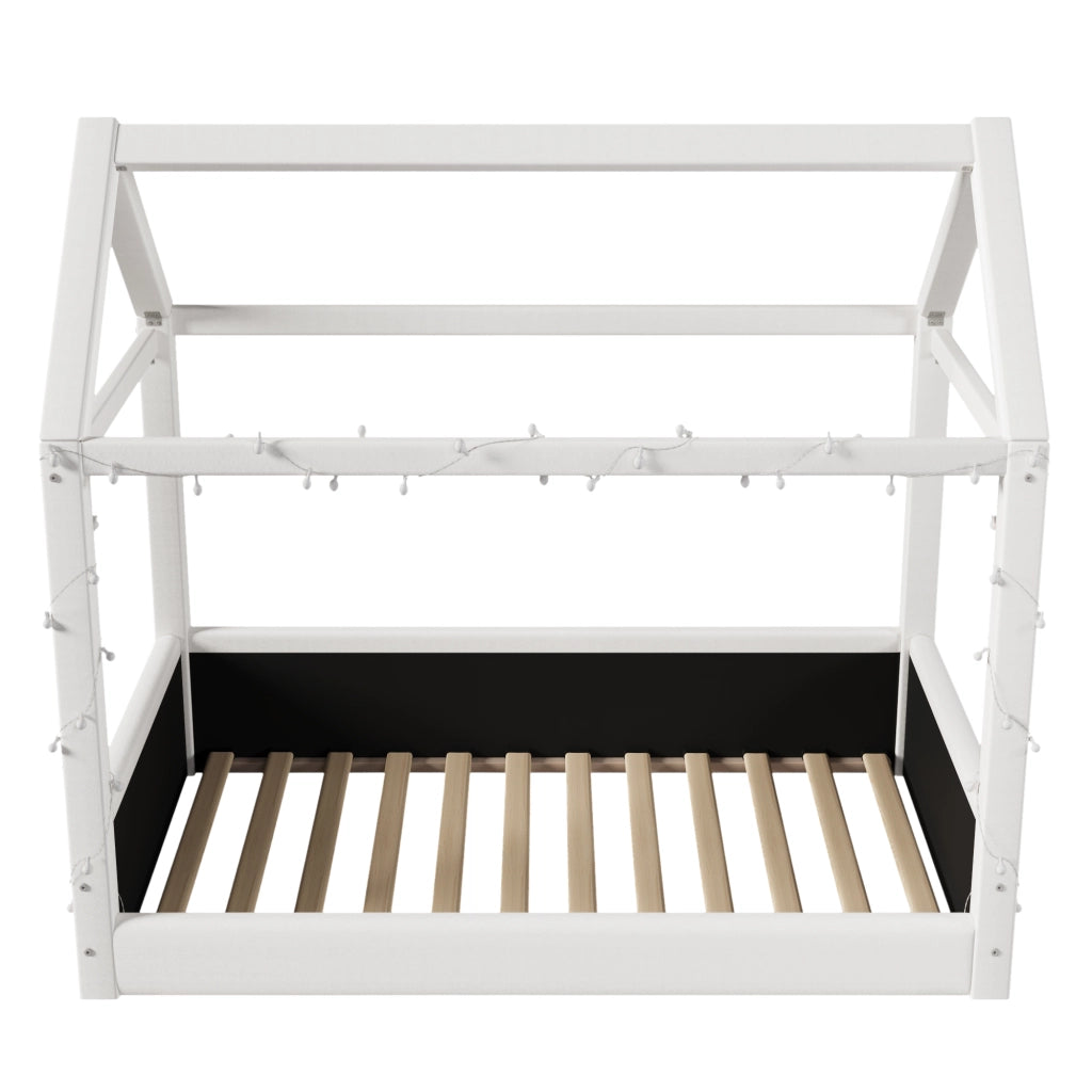 OKWISH Letto a Casetta Singolo con LED, 90×200 cm, senza Materasso, Rivestimento in Tessuto e MDF, Beige