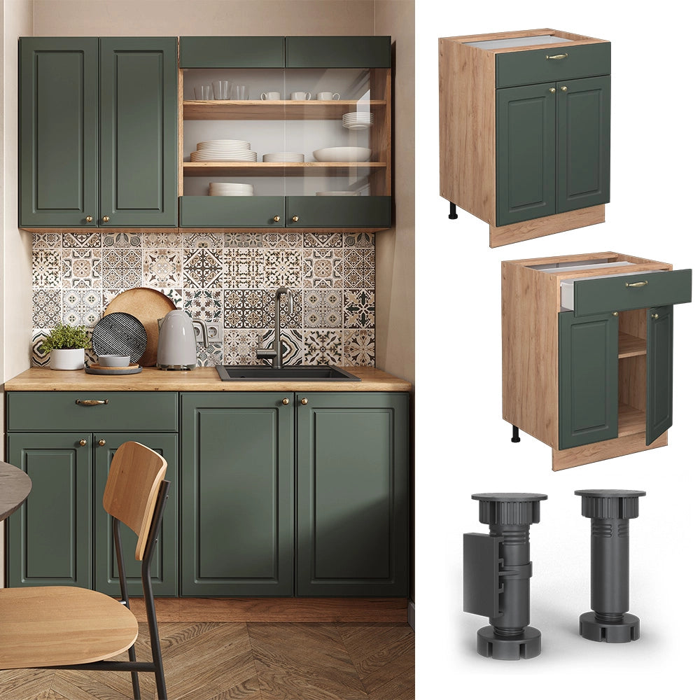 Mobiletto base per cucina Fame-Line Verde-oro rustico/Rovere dorato 60 cm con cassetto, PL Rovere Vicco