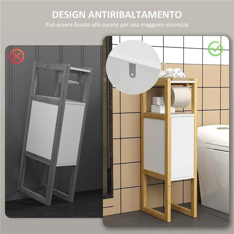MOBILE BAGNO SALVASPAZIO CON PORTA CARTA IGIENICA, ARMADIETTO E RIPIANO IN BAMBÙ, 20X33X80CM, BIANCO