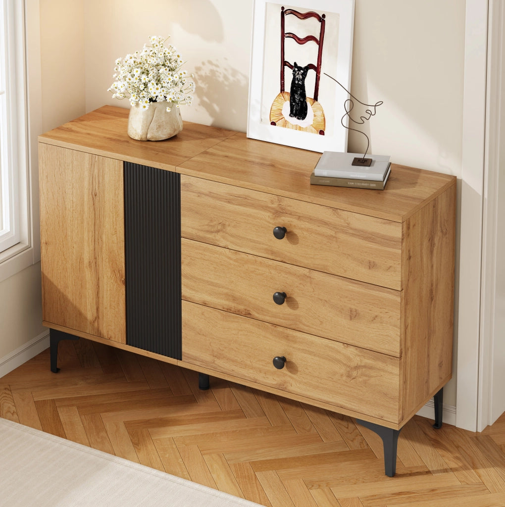 Sideboard 120x35x76 cm con anta e 3 cassetti in pannello truciolare nero e naturale