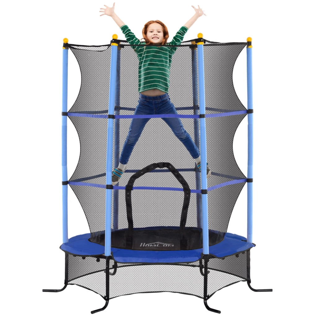 Tappeto Elastico per Bambini Ø163x190 cm con Rete di Sicurezza e Pali Imbottiti Età 3-10 Anni Blu