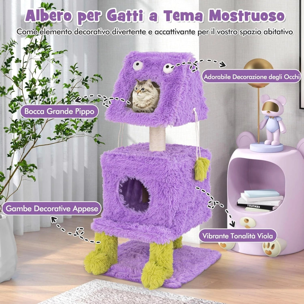 Albero per Gatti, Torre di Gatti a Tema Mostro Carina con 2 Nidi Privati, Palo per Graffio in Sisal e Giocattoli Pendenti, Centro Attività a 3 Livelli per Gatti