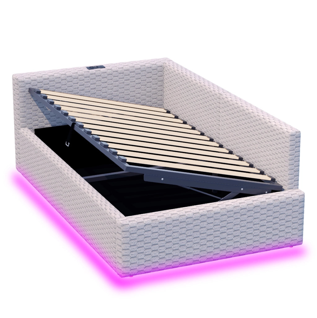 Letto imbottito 90x200 cm con vano contenitore, LED e porte USB/Type-C