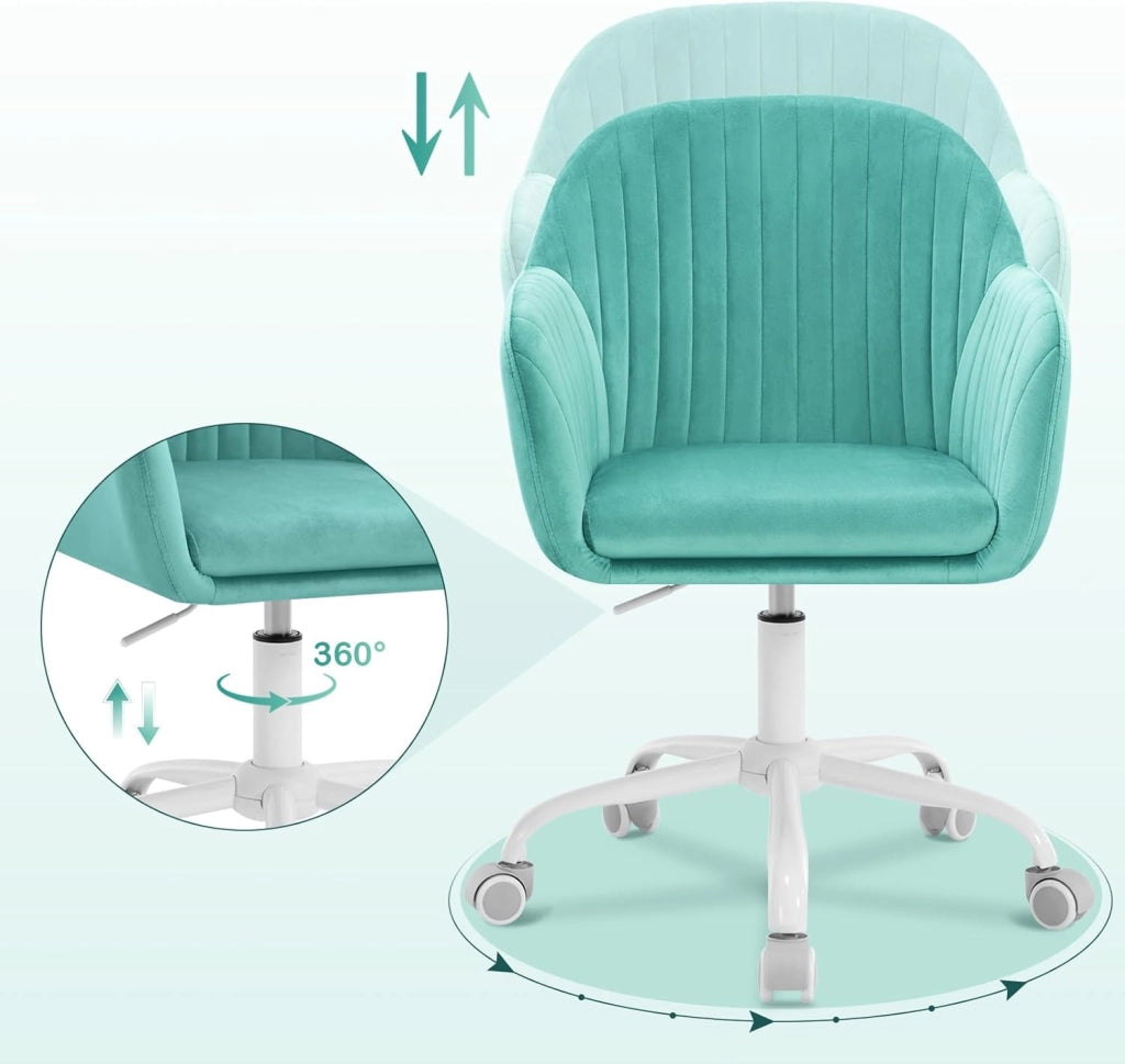 Sedia da Ufficio, Sedia da Toeletta, Poltrona Ergonomica, Ampia, in Velluto Imbottita, Regolabile in Altezza per Ufficio e Camera da Letto, Turchese, BS166ts