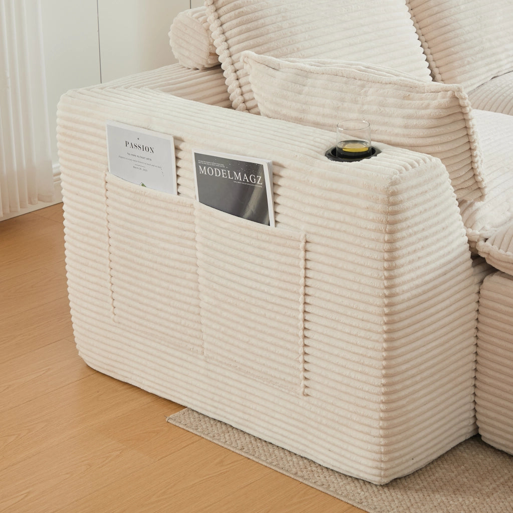 Divano modulare con pouf 256x161x75 cm con cuscini e tasche laterali in velluto a coste beige