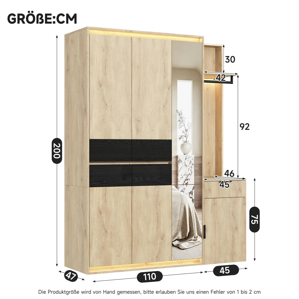 Armadio guardaroba 155 × 47 × 200 cm con 5 cassetti 3 appendiabiti specchio e LED in MDF antracite e rovere