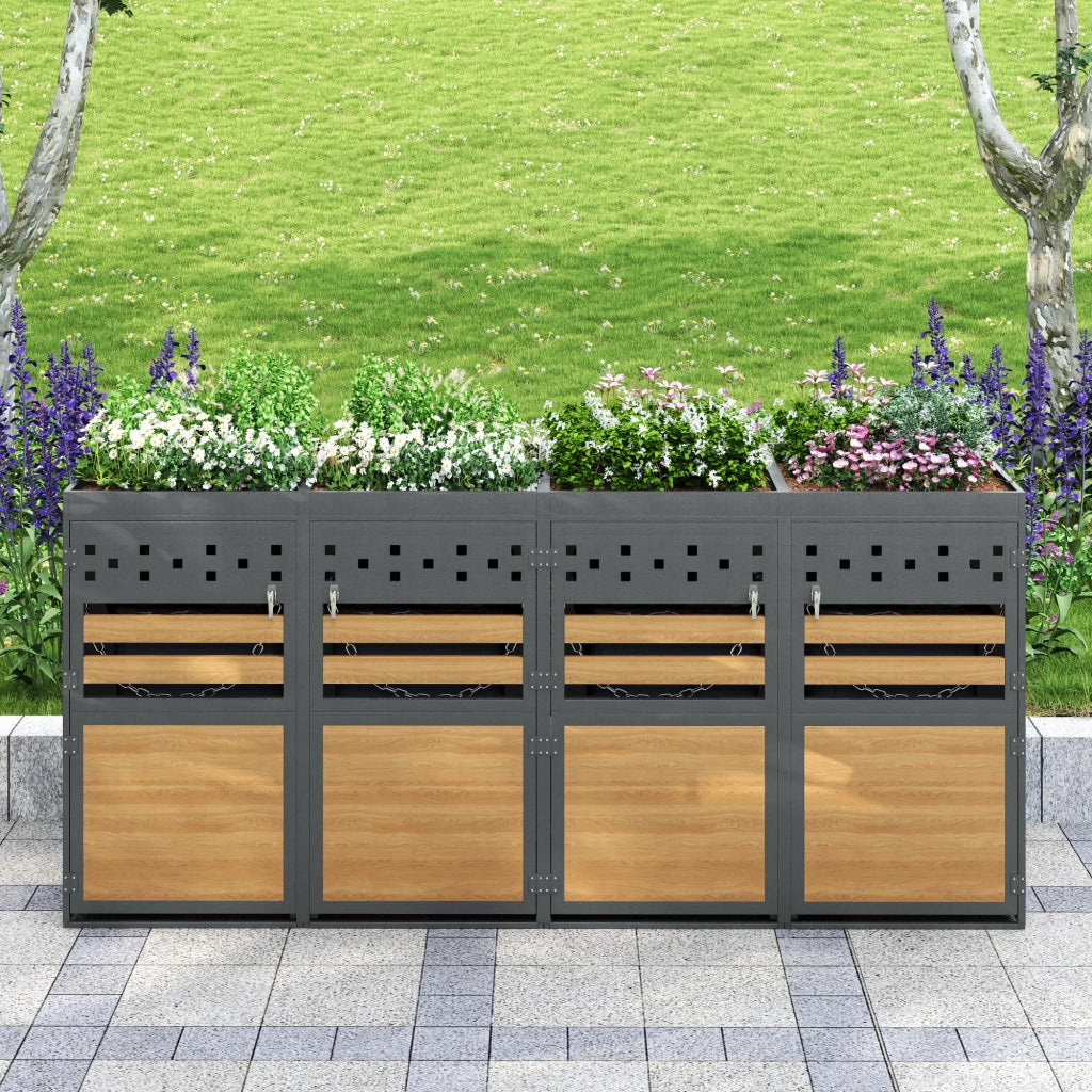 Set di box per bidoni in metallo 4 pezzi per 4 bidoni da 120-240 litri grigio con tetto piantabile
