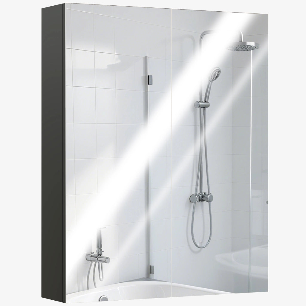 Armadietto Pensile Bagno con Specchio e Ripiani ¨C zephmum ¨C 60x15x75 cm, Nero, MDF