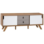 Madia credenza impiallacciata in legno chiaro 56 x 147 x 42 cm con 2 ante scorrevoli bianche e 2 cassetti grigi