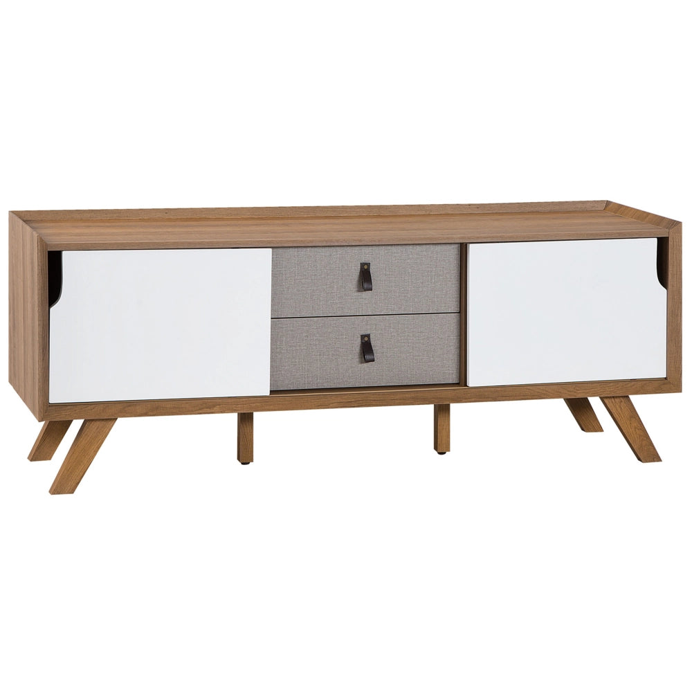 Madia credenza impiallacciata in legno chiaro 56 x 147 x 42 cm con 2 ante scorrevoli bianche e 2 cassetti grigi