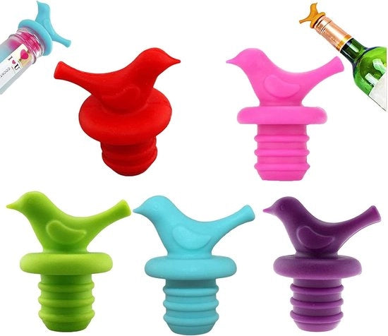 Stopper per bottiglia di vino 5 pezzi - Bocchette per vino in silicone - Stopper per champagne - Stopper per bottiglia riutilizzabile - Design uccellino - Materiale ecologico - Bocchetta per bottiglia di vino