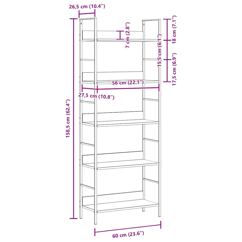 Scaffale Libri 5 Ripiani Rovere 60x27,6x158,5 Legno Multistrato 288227