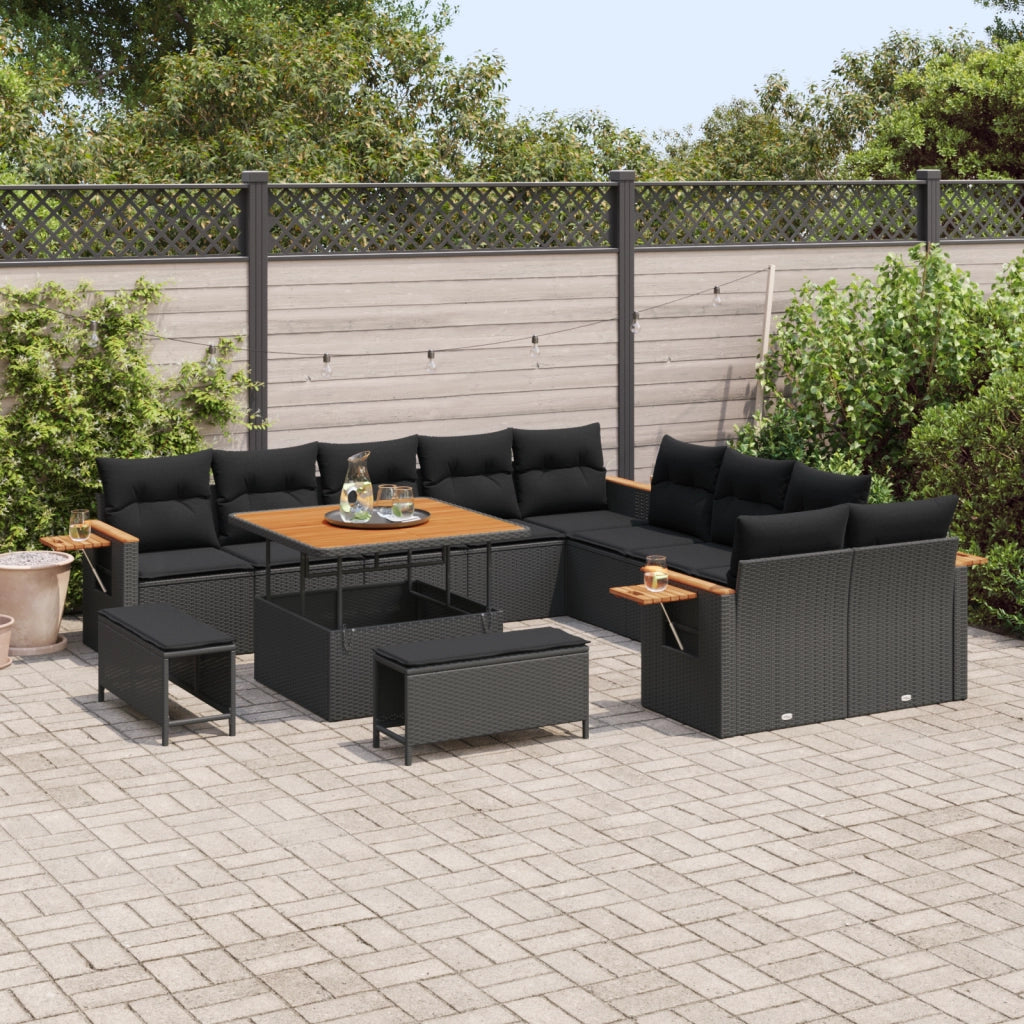 Set di Divani da Giardino 13 Pezzi con Cuscini Nero Polyrattan Acacia