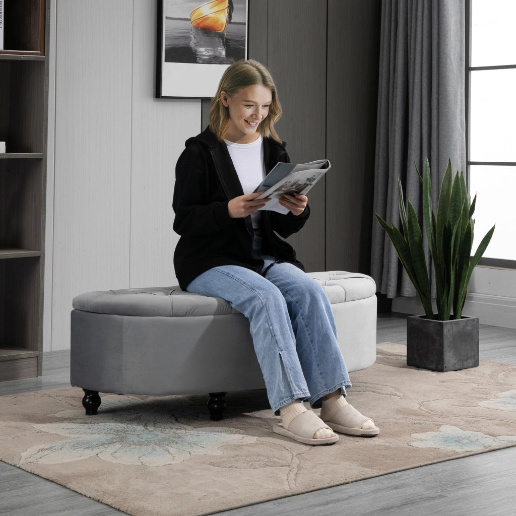 Divanetto imbottito con cassetti e gambe in legno ¨C zephmum ¨C 120x46x42 cm, Grigio