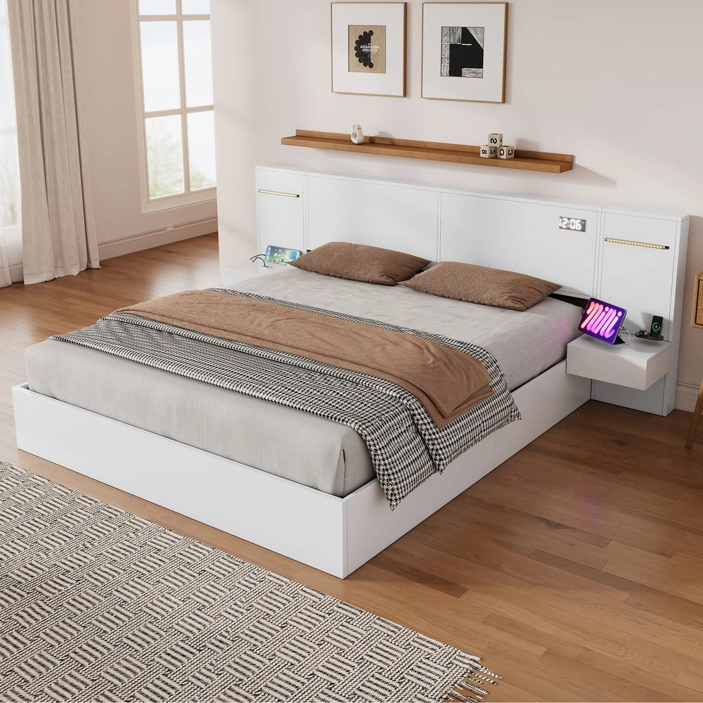 Letto Matrimoniale con LED, USB e Bluetooth ¨C MINIMAL ¨C Legno Bianco 180x200